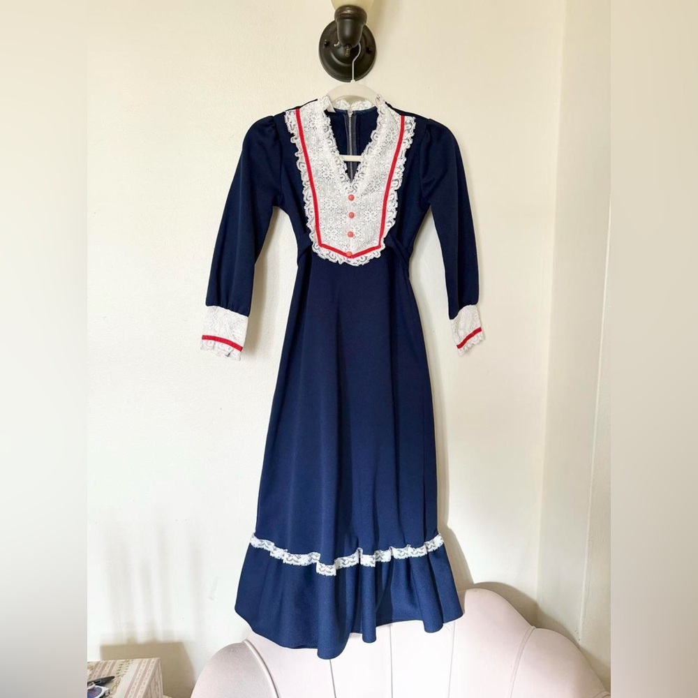 Elegant Navy Blue Lace Trim Dress